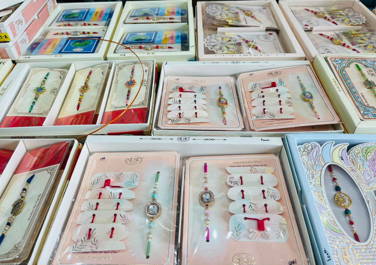 Rakhis with threads, Rudraksha, gems, flowers and cards are attracting customers.