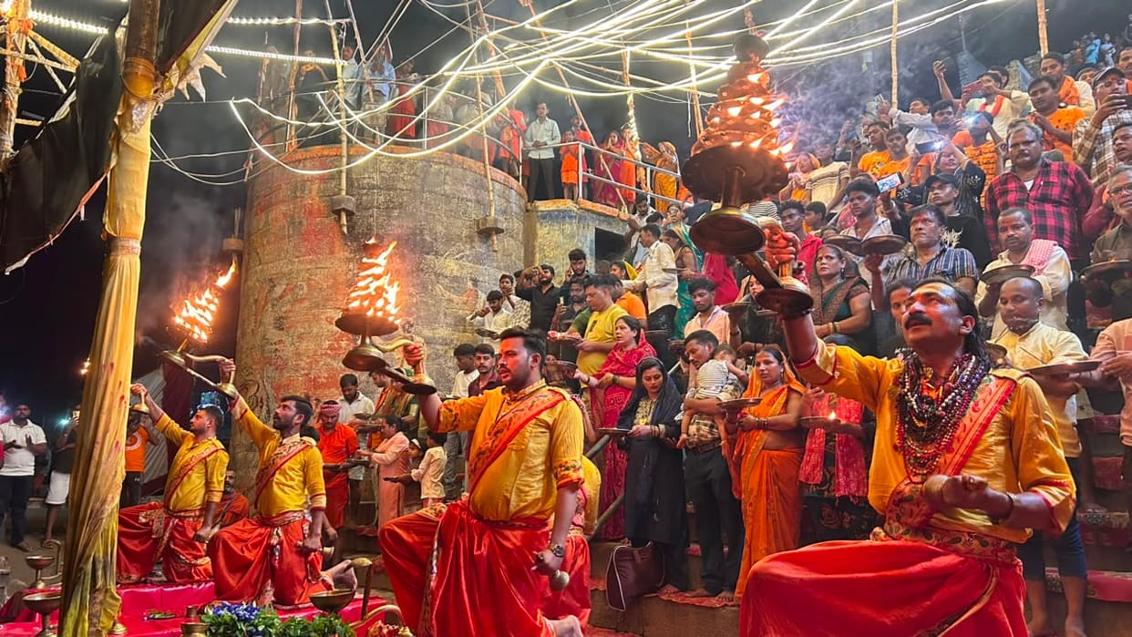 Aarti of Goddess Ganga at Pakka Ghat on Ganesh Chaturthi.
