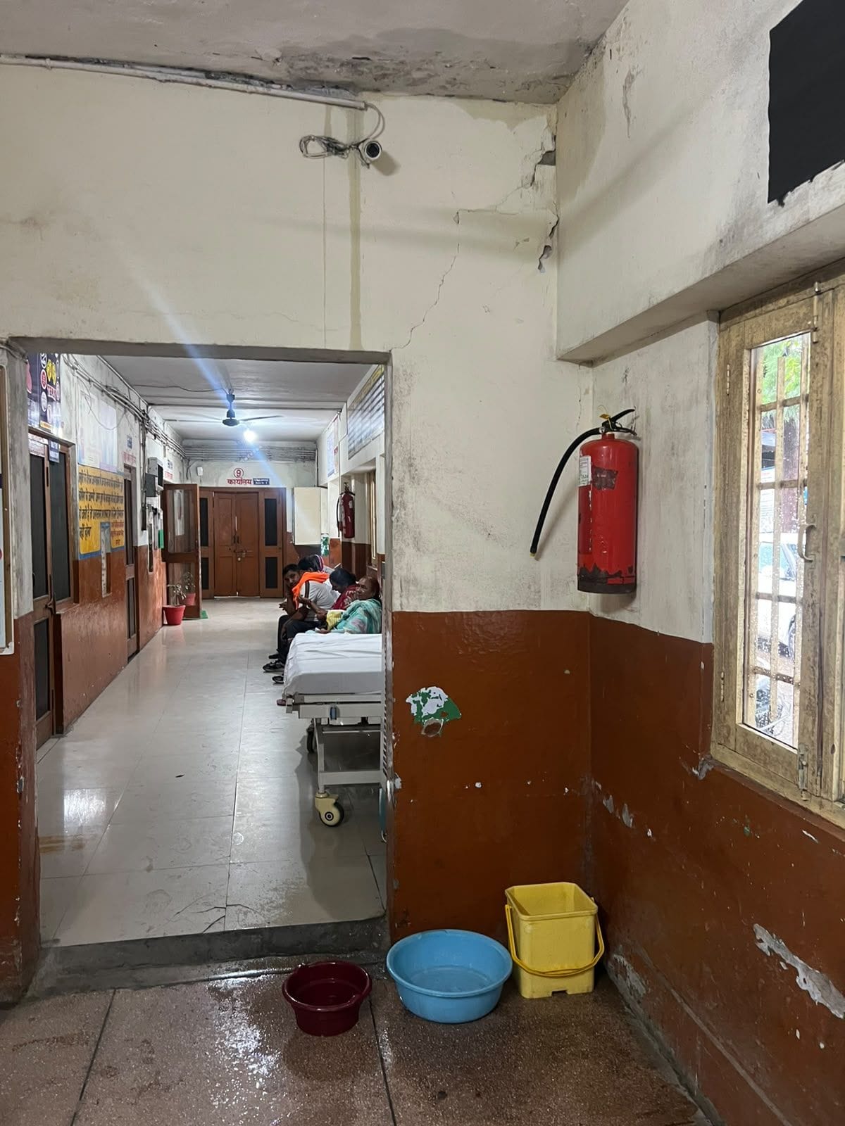 Water dripping from the roof of Gagret Hospital causes trouble for patients.