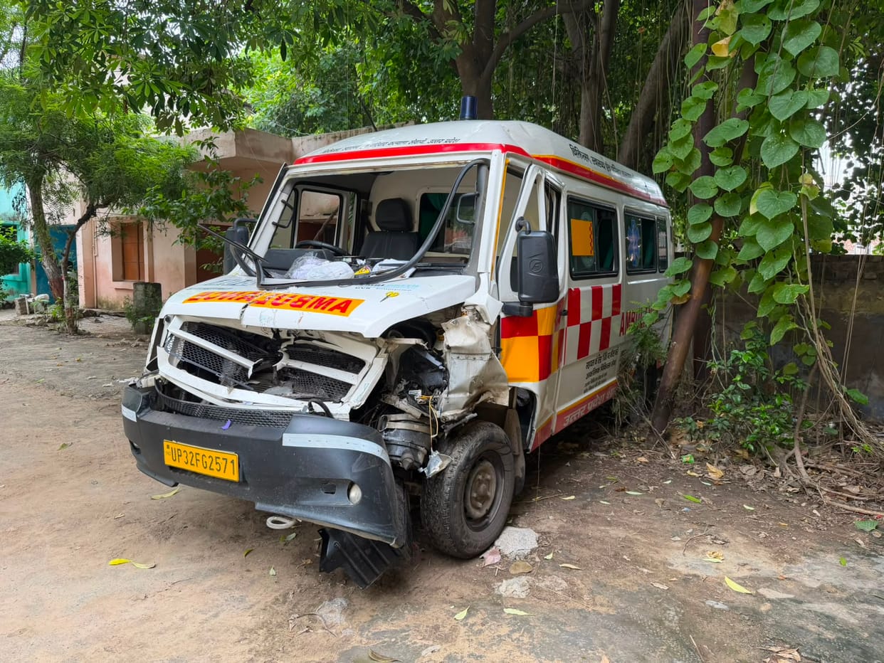 Ambulance collides with Kanwariyas' tractor-trolley; uproar ensues from the highway to the police station over allegations of the Kanwar being desecrated.