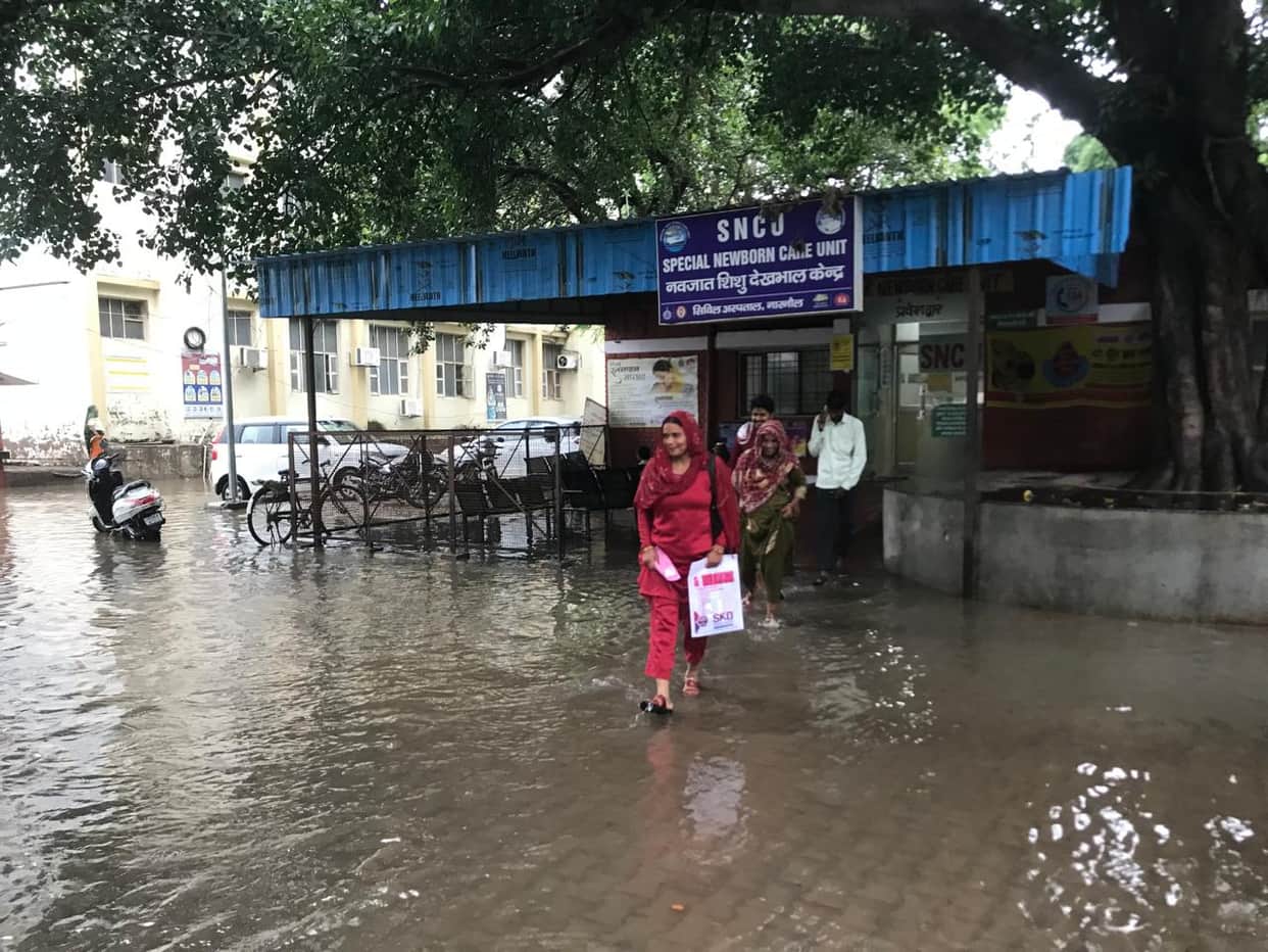Rainwater accumulates outside the Civil Hospital's gynaecology ward; patients face inconvenience.
