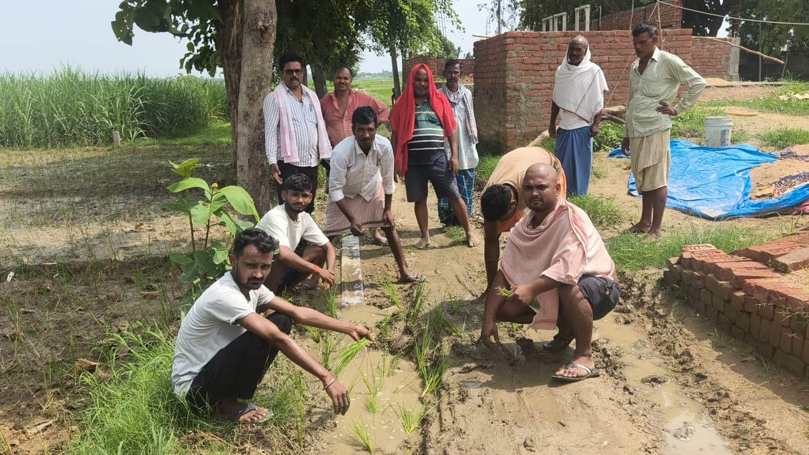 खोजनपुर गांव के कच्ची सड़क फैले कीचड़ में धान की रोपाई कर विरोध जाहिर करते ग्रामीण। संवाद