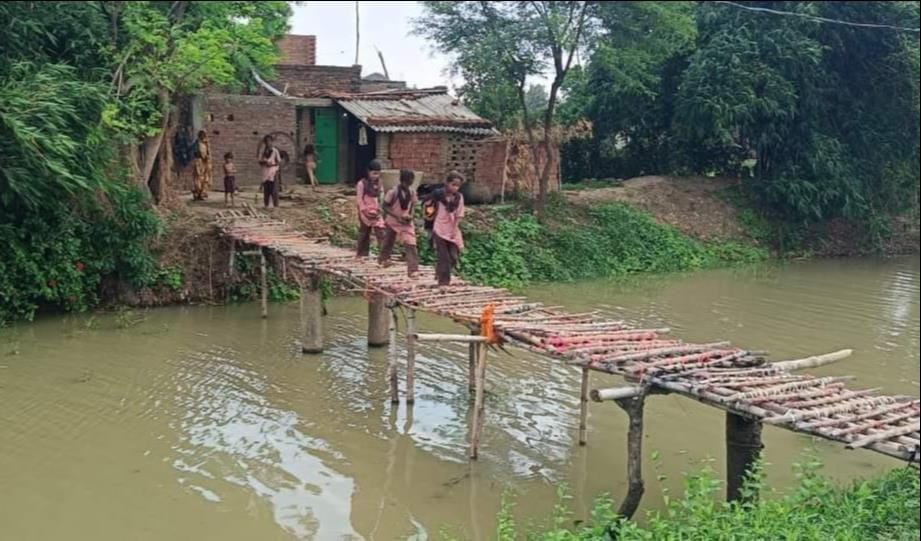 Young children commute to and from school using a bridge made of bamboo poles.