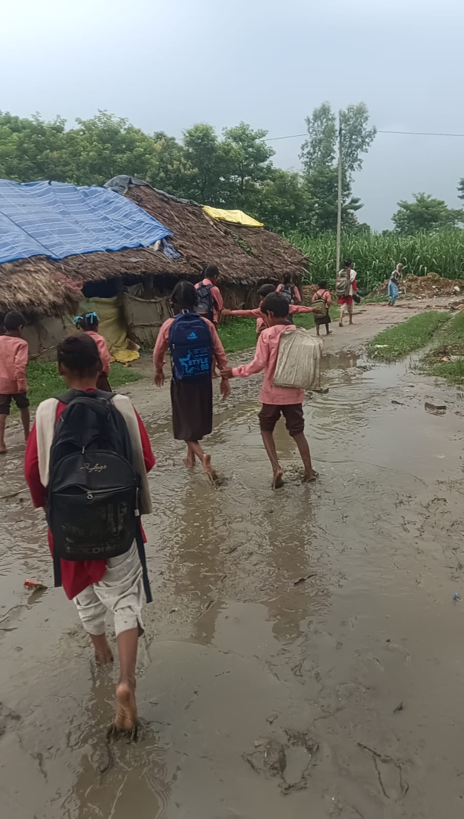 ग्राम मनमदपुर में कुछ इस तरह कीचड़युक्त सड़क से गुजरते बच्चे।  संवाद