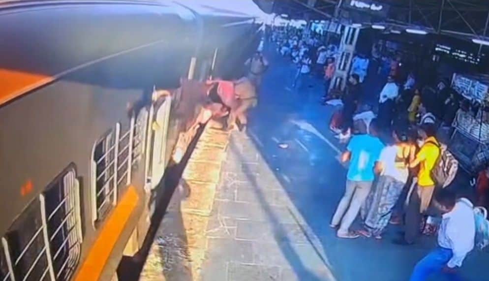 Woman falls from train while boarding; constable saves her life