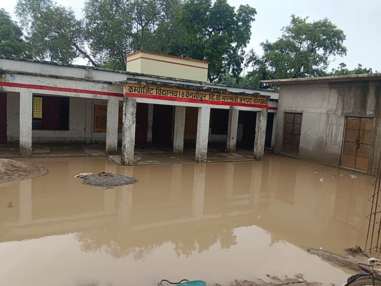 Water inundated the school premises; teachers sustained injuries.