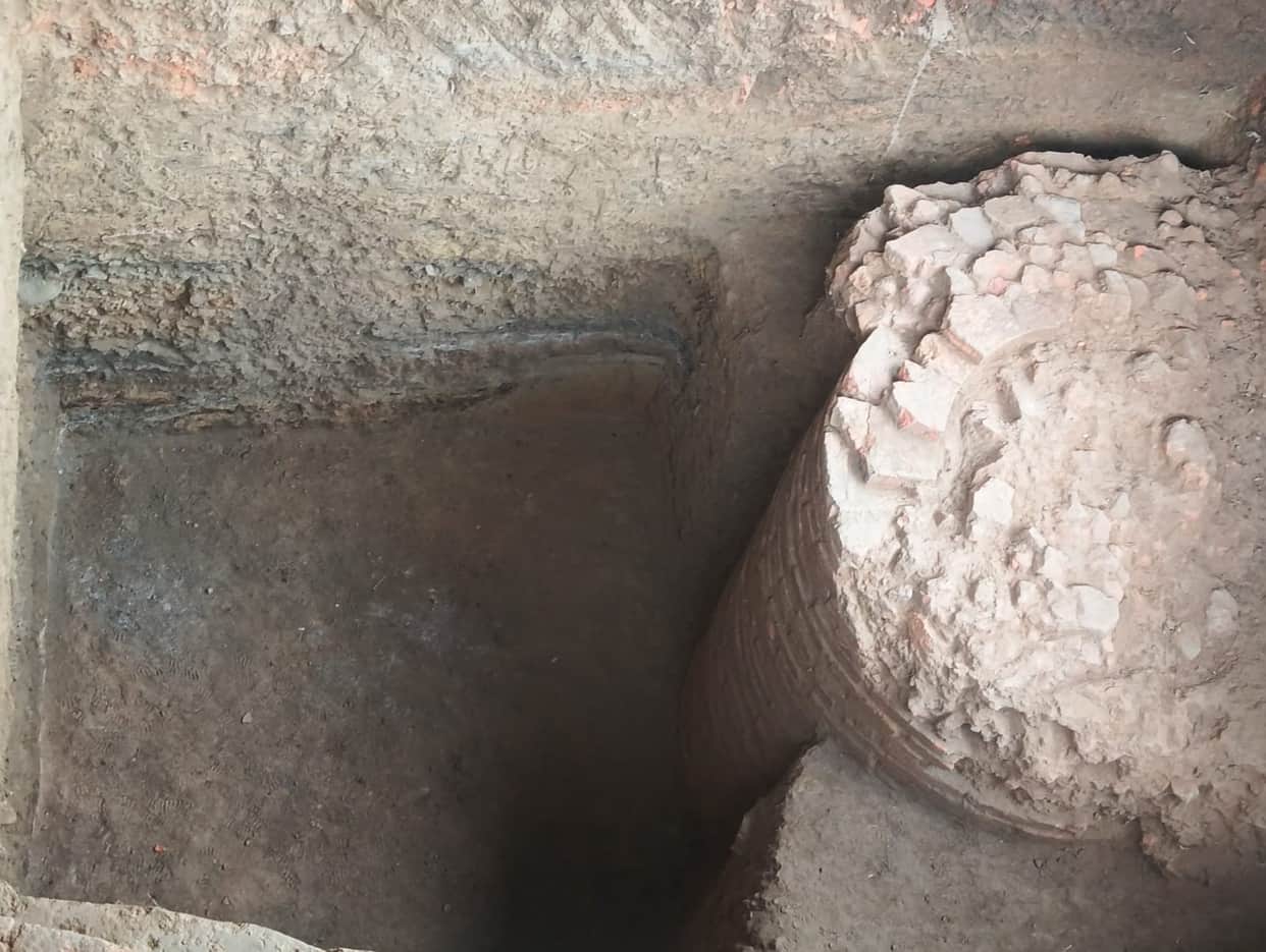 Structural remains found at a depth of ten feet during the excavation of the Govishan mound.