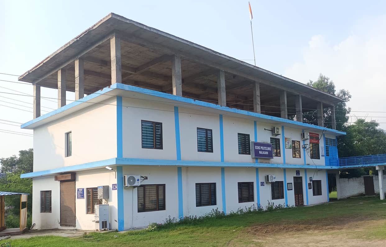 Work on the second floor of the Ex-Servicemen Community Hall in Nalagarh is in progress.
