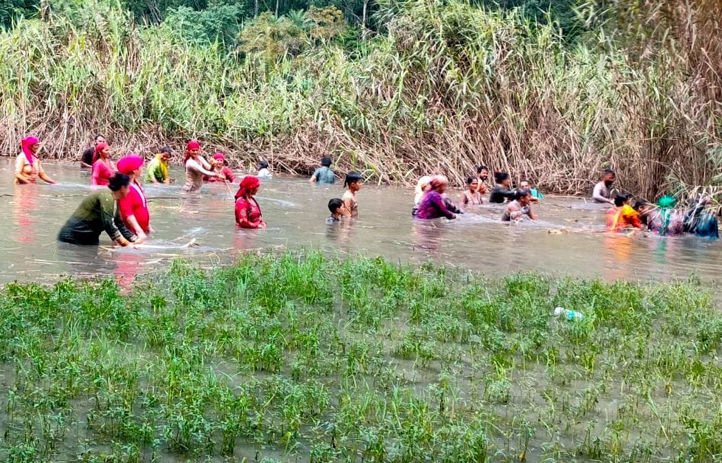रेणुकाजी में रेणुका झील की सफाई करती महिलाएं। संवाद