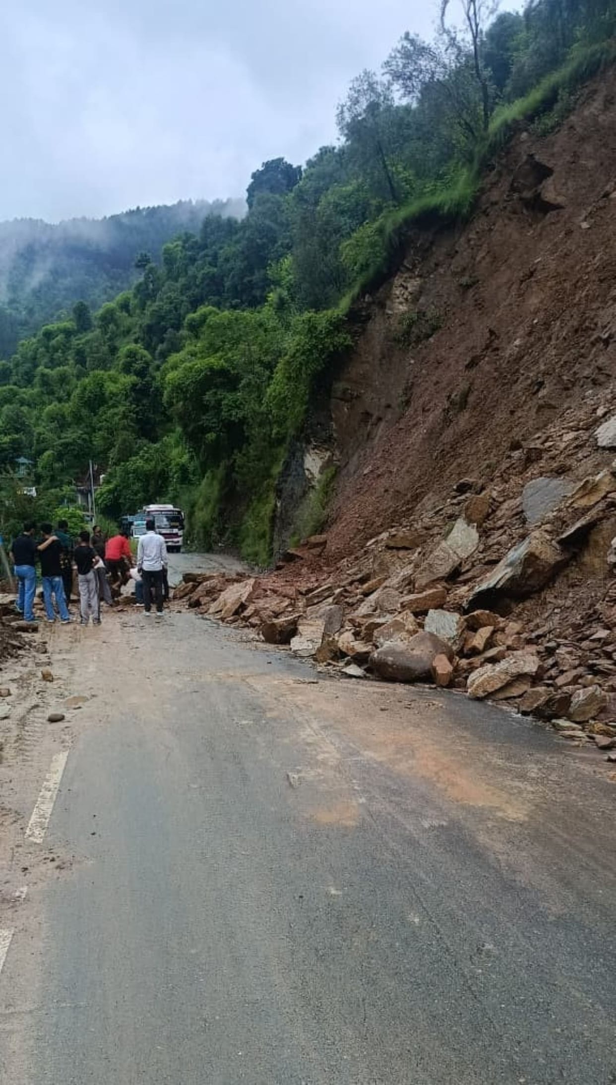 Chamba-Saho road blocked by landslide; travelers removed stones themselves.