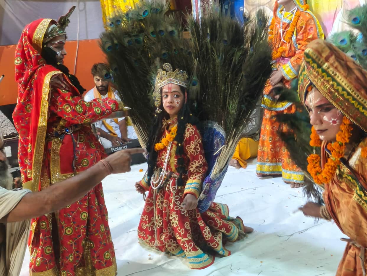 Tableau of Radha-Krishna decorated at the Tulsi Mahotsav.