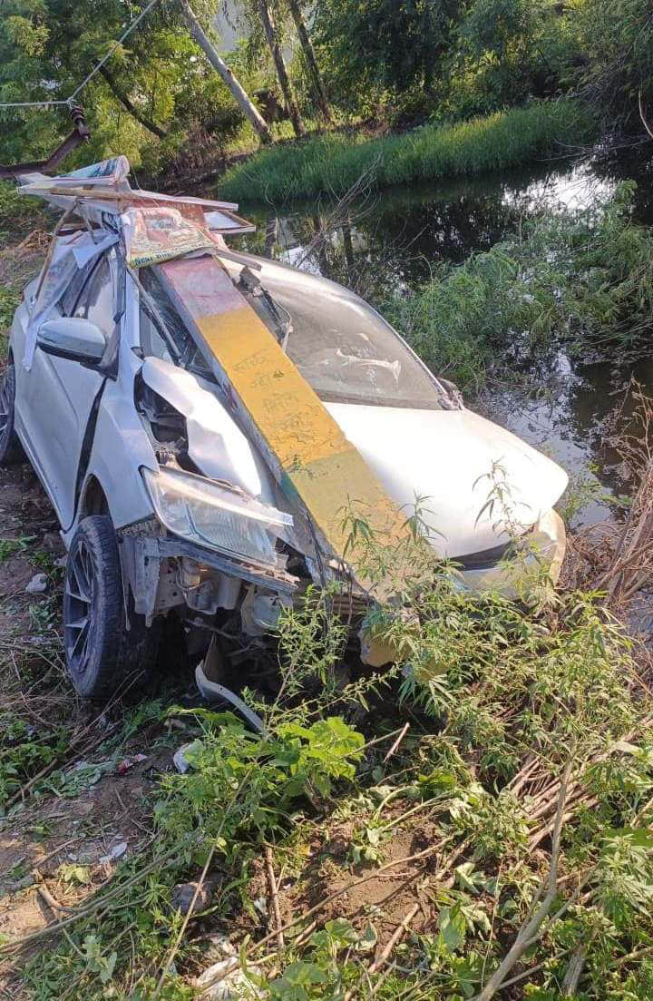 Car went out of control after a dog appeared in front of it and plunged into a ditch
