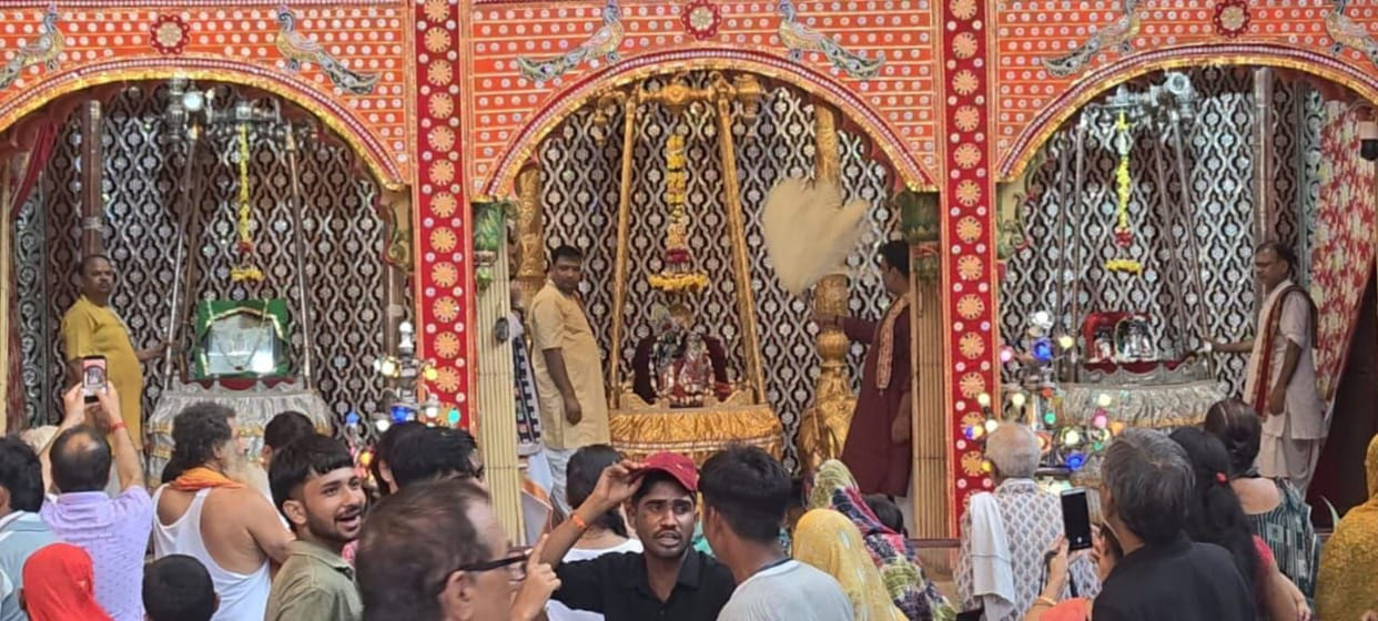 Thakur Dwarkadhish grants darshan in a gold and silver swing.