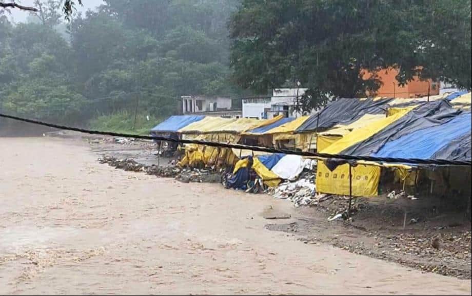 Shakambhari River overflows again; pilgrims halted for the second consecutive day; several villages cut off.
