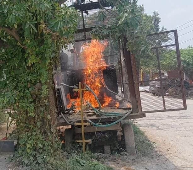 Mobile transformer burned fiercely; power supply to 100 homes remained cut off for seven hours.