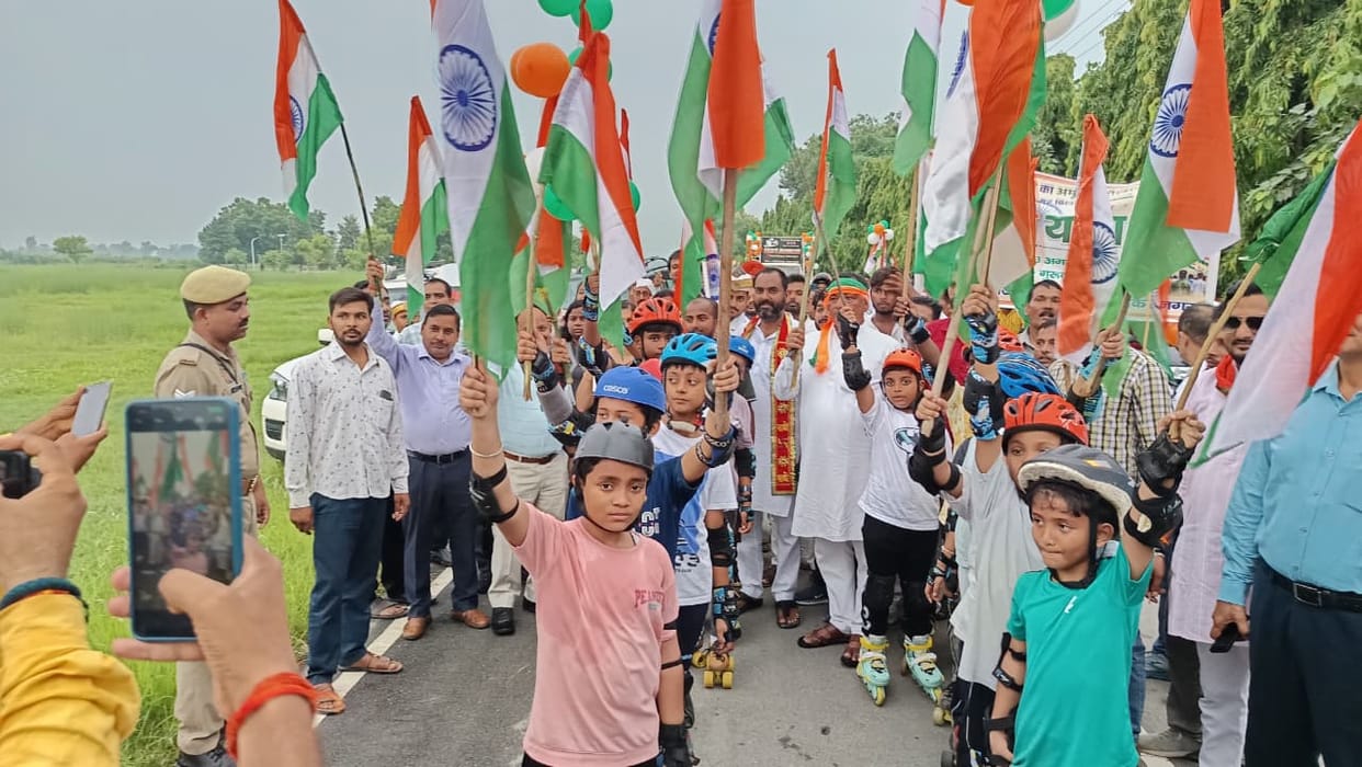 Grand tricolor parade from the airstrip to Shivbaba Dham