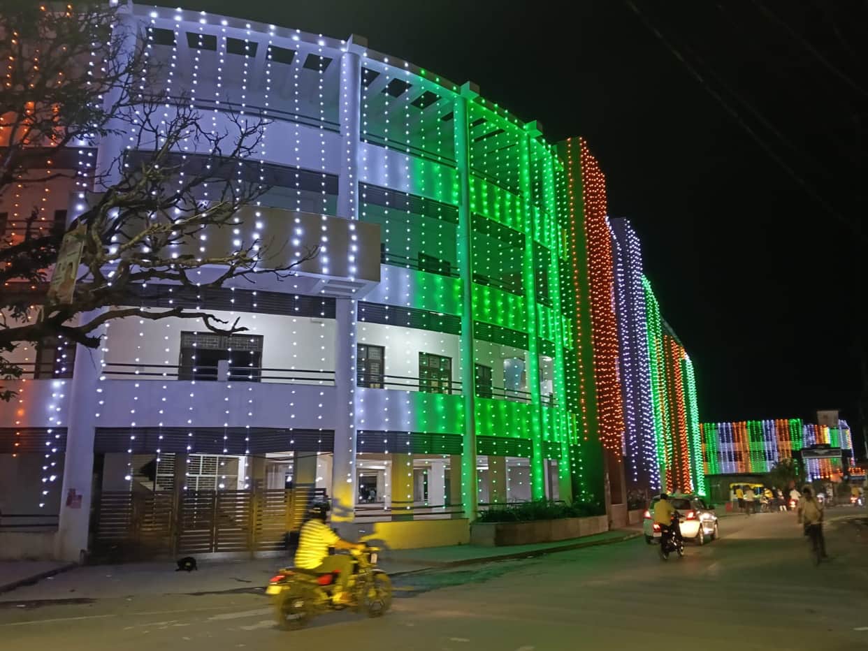 City decked up with festoons and tricolour lights; preparations for Independence Day celebrations complete.