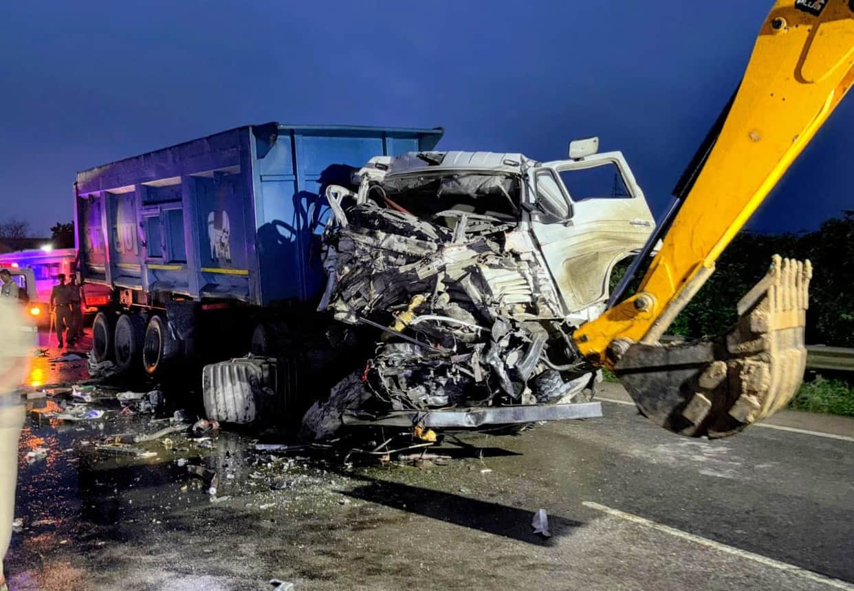 Dumper and truck collide while overtaking; both drivers injured.