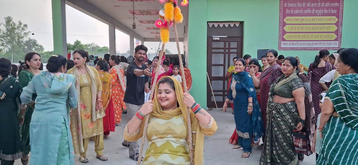 Women enjoyed the swings at Jayanti Devi Temple on Hariyali Teej.