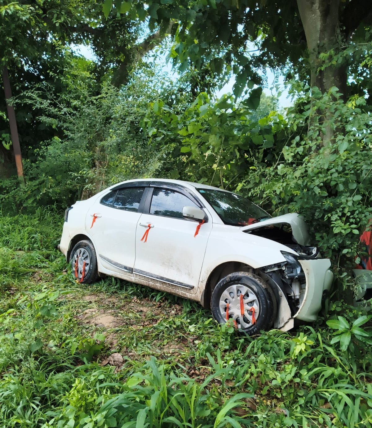बाबा धाम से लौटते समय जानवर को बचाने में अनियंत्रित होकर पेड़ से टकराई कार।संवाद