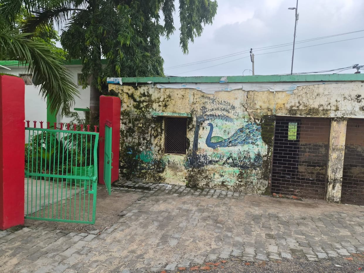 Dilapidated Panchayat building near school poses a danger; children studying amidst the threat of snakes.
