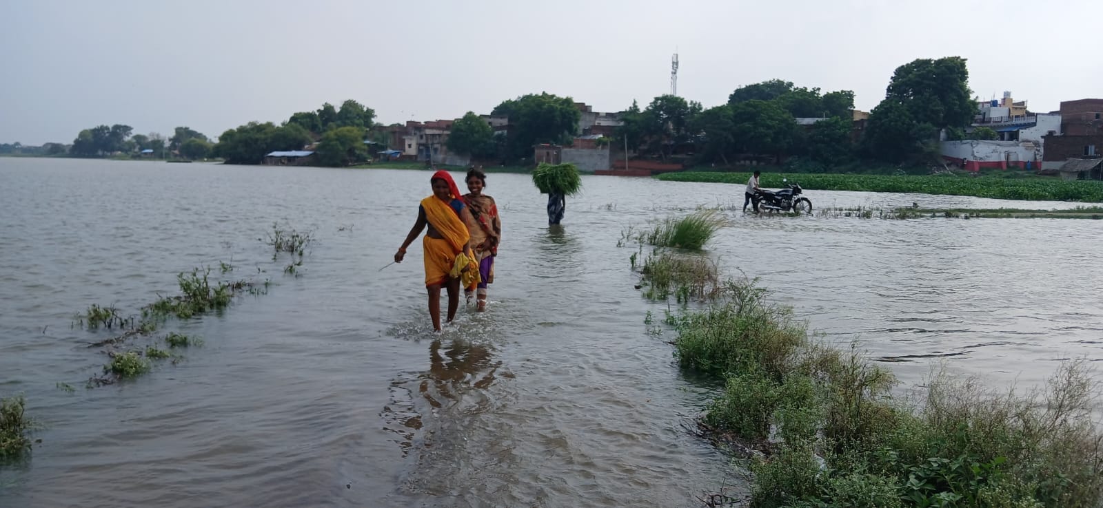 हसनपुरा गांव जाने वाली सड़क पर फैले बाढ़ के पानी से होकर निकलते ग्रामीण। संवाद