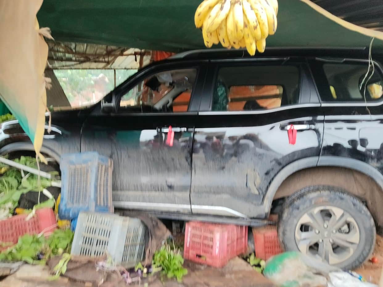 They were heading to a temple in their newly purchased Scorpio when the vehicle went out of control and crashed into a vegetable shop, leaving two people injured.