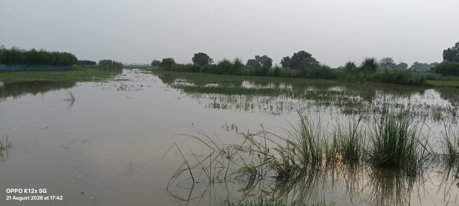 Erosion begins due to rising river water levels; crops submerged.