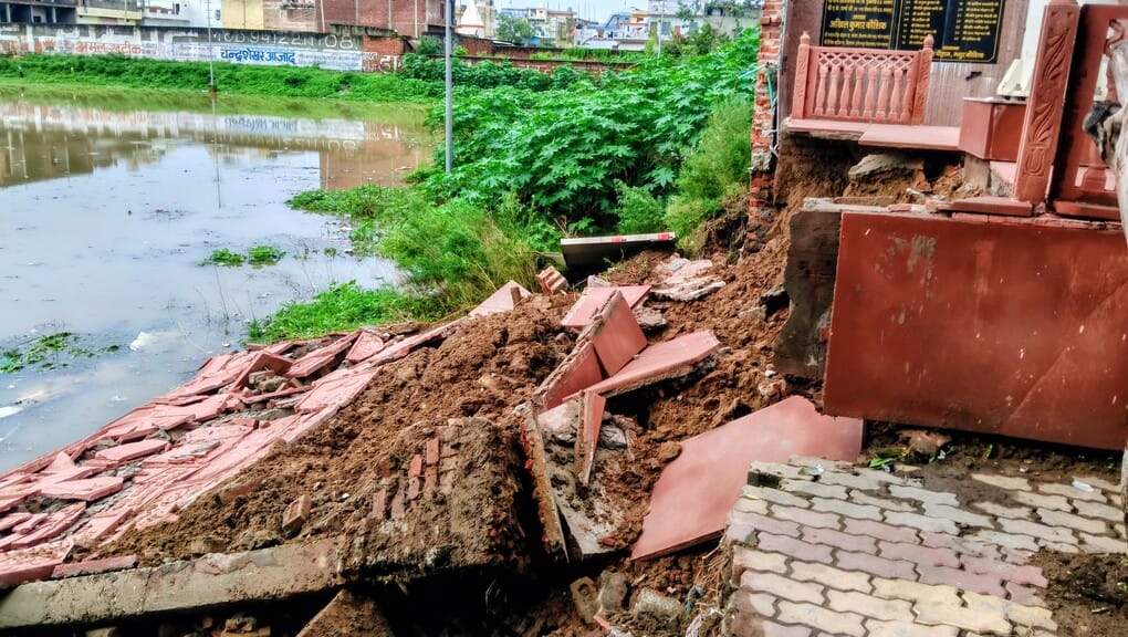 The side wall of the pond collapsed
