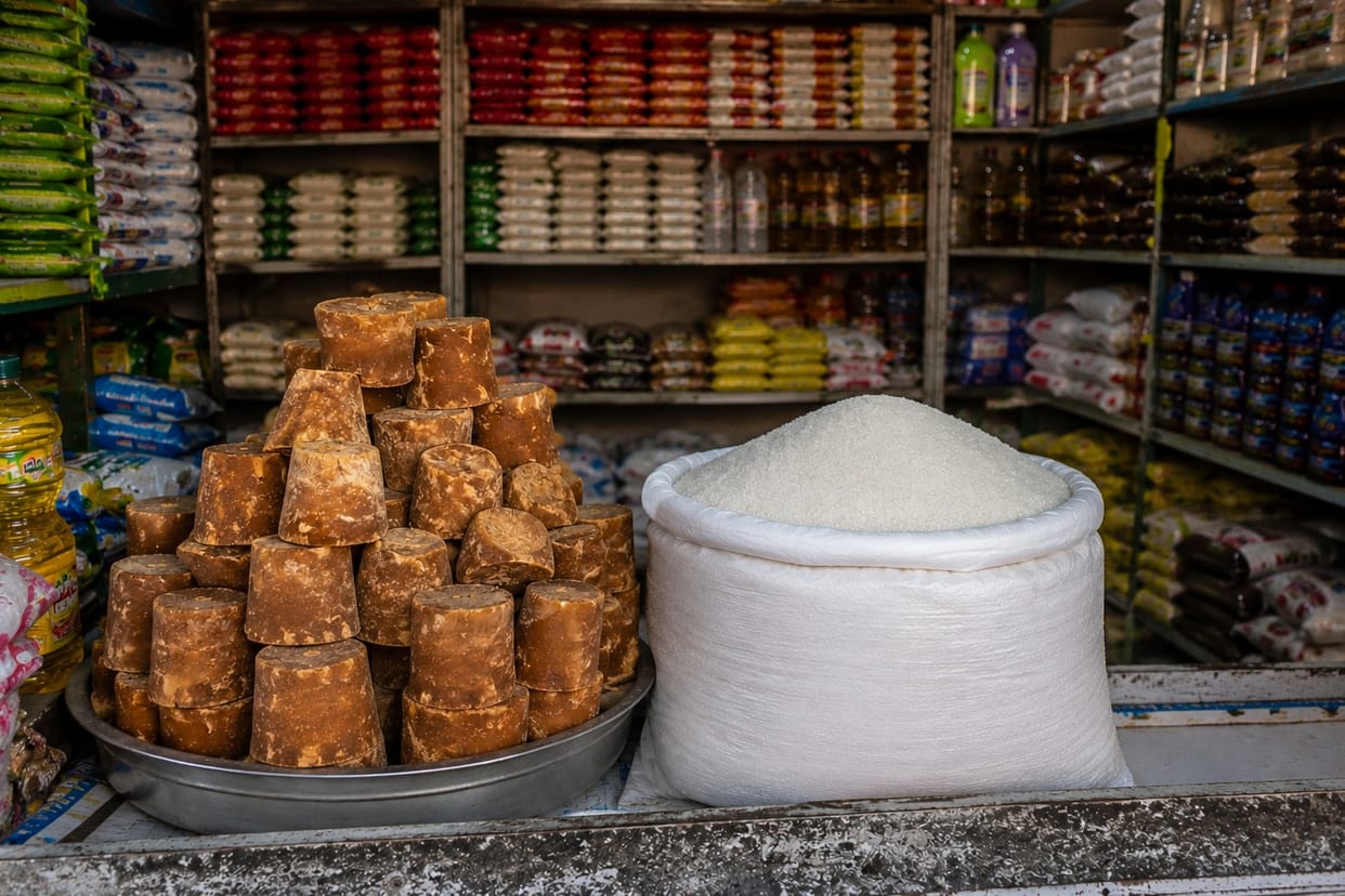 Sugar is at 65, while the price of jaggery has reached 100 per kg.
