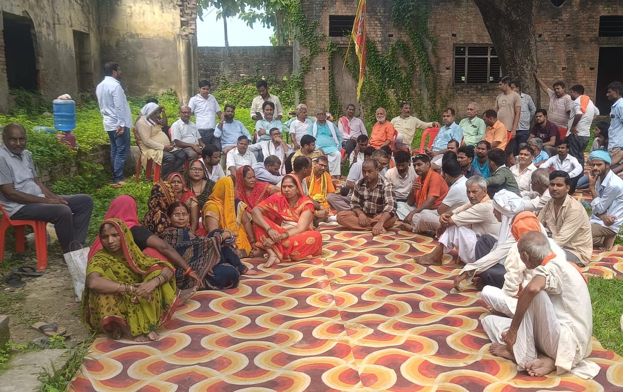 Members of the Sahu community stage a sit-in at the temple after the Shravani Puja is stopped.