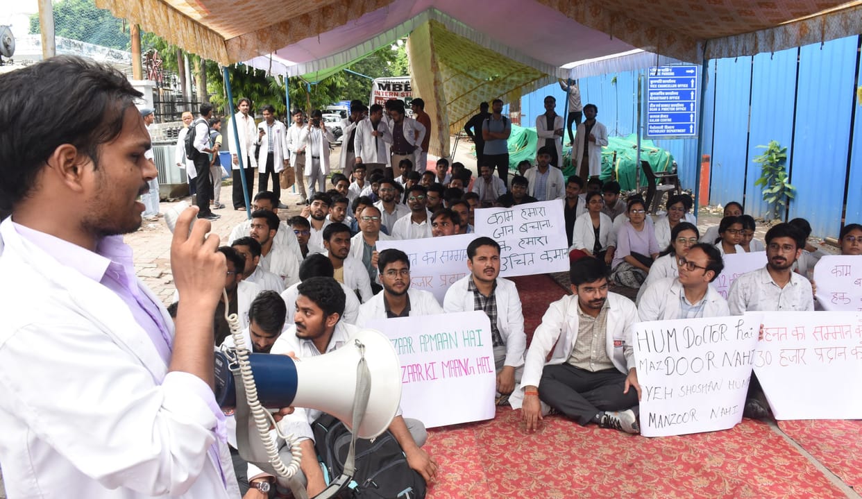 Intern doctors protest to demand a stipend hike; go on a hunger strike.