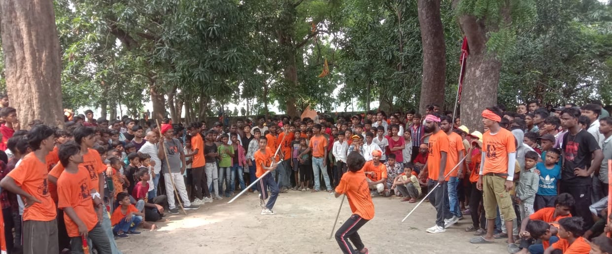 After the Mahaviri Jhanda procession, wrestlers demonstrated their techniques in the akhada