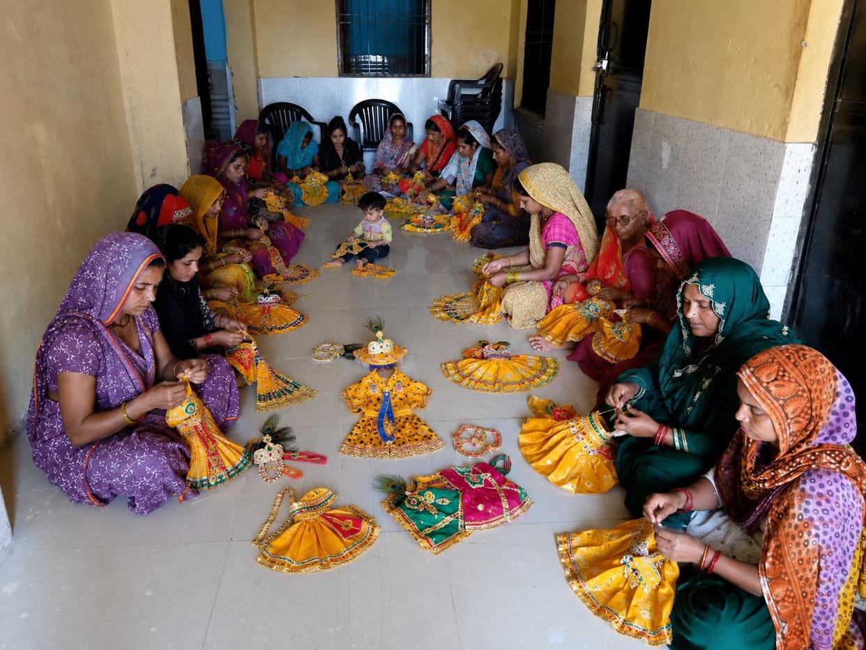 Women are arranging the attire for Gopalji.