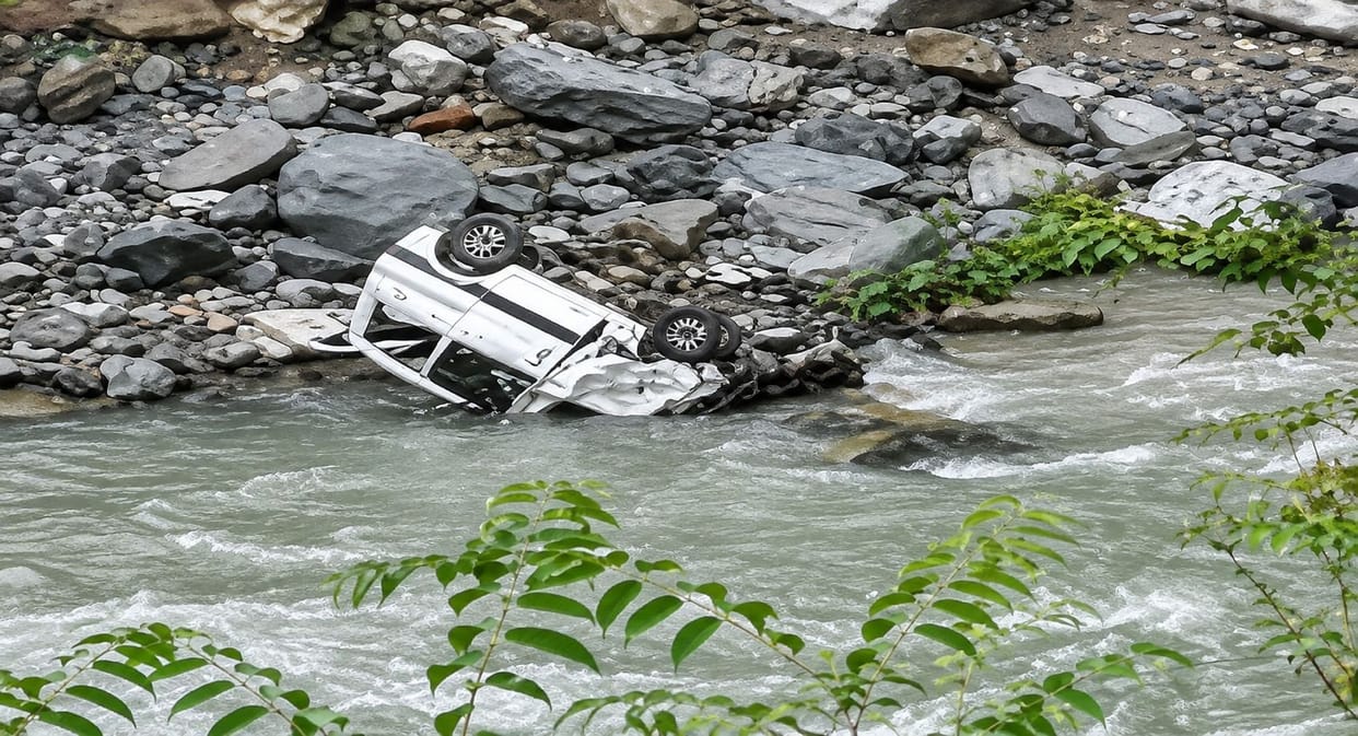 Van falls into Tirthan River near Seehda; one dead, one critically injured.