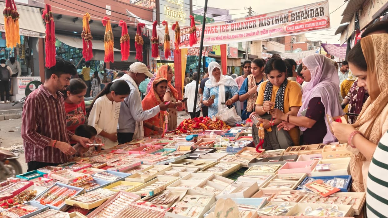 Sisters were seen searching for rakhis of their brothers' choice at market shops