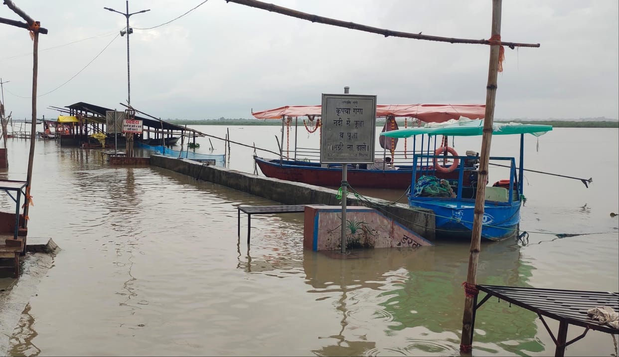 Ghats and crops submerged; water reaches access roads