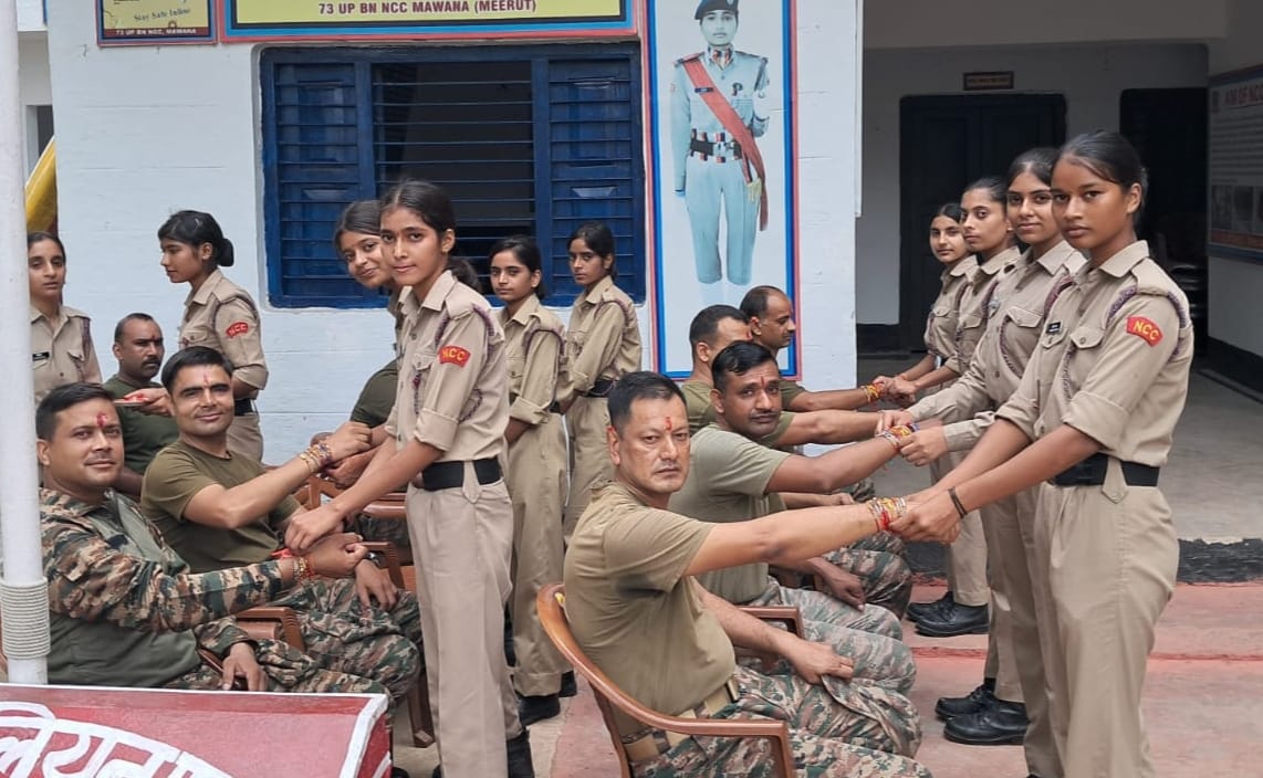 Cadets tied *Raksha Sutras* (protective threads) on their soldier brothers.