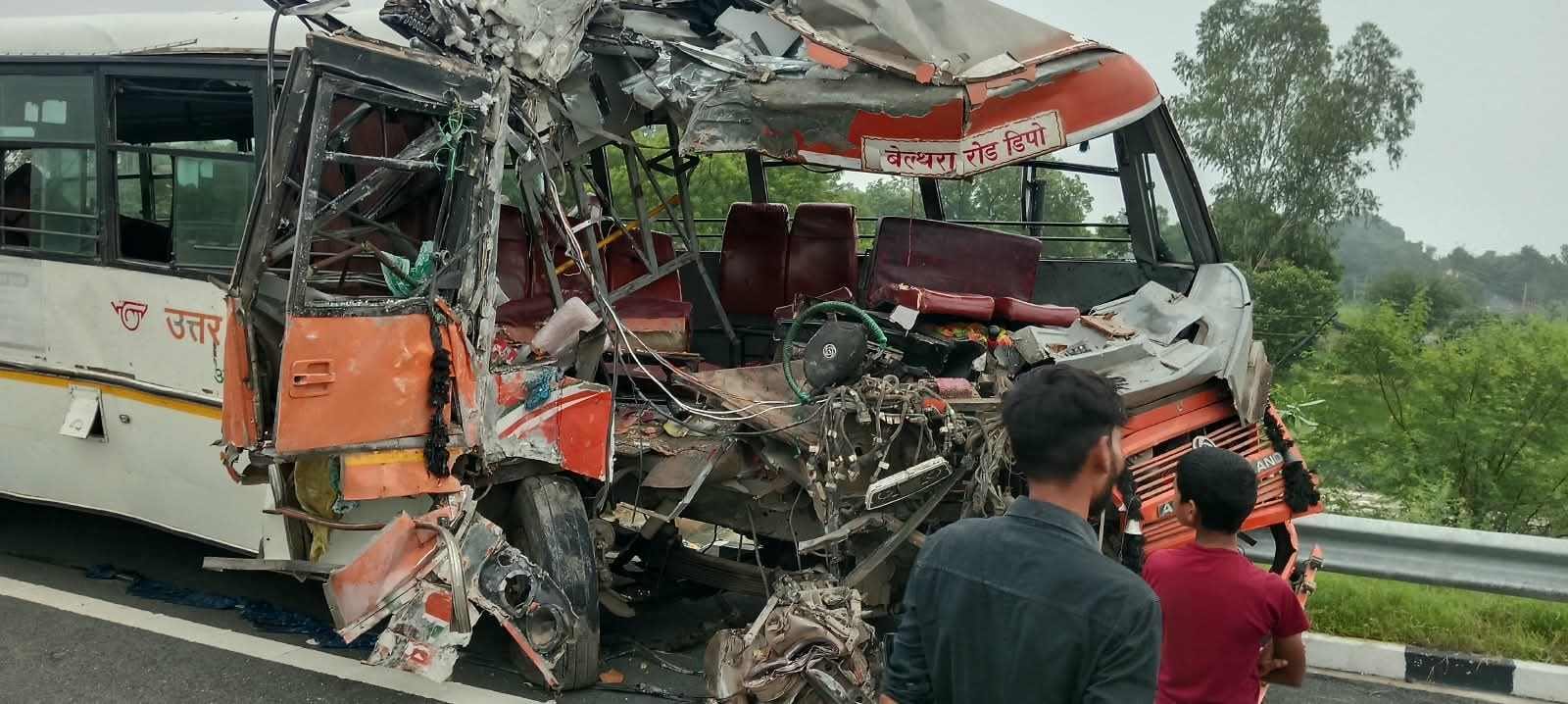 Two people, including the bus driver, died and 34 were injured in an accident on the Purvanchal Expressway.