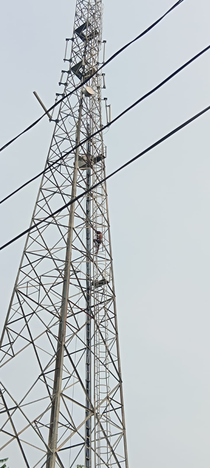 Youth climbs 150-foot-high mobile tower; comes down after police persuasion.