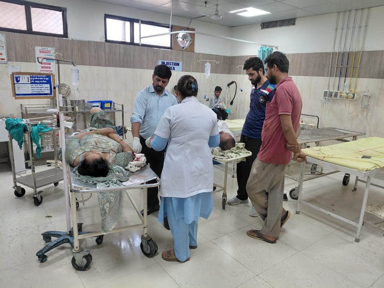 A speeding car hit a bike near Ishargarh, injuring a couple and their two grandsons.