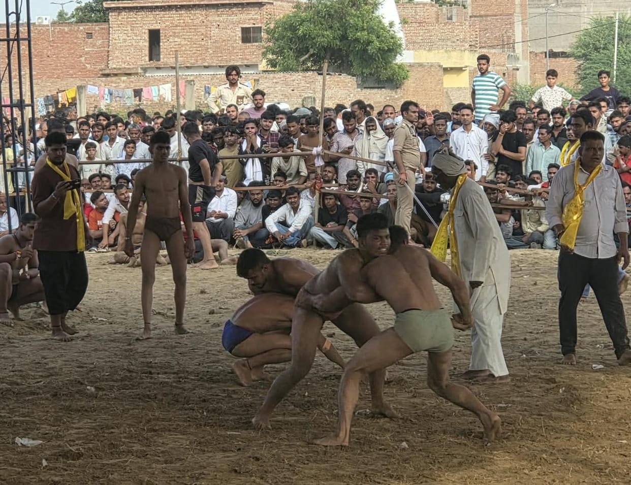 Amidst the roar of applause, the wrestlers displayed their prowess.