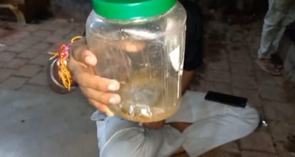 ट्रामा सेंटर में डिब्बा में बंद कर सांप लेकर पहुंचे परिजन। वीडियो ग्रैव