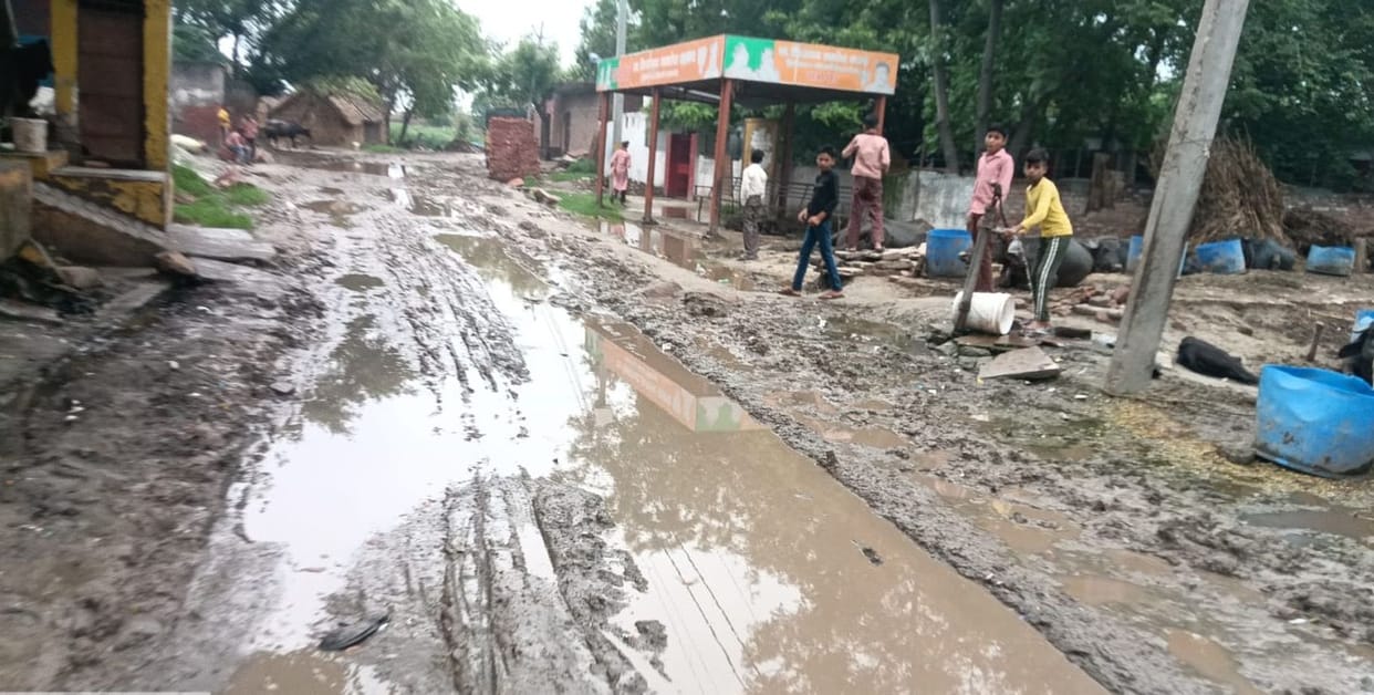 Roads in bad condition due to waterlogging and mud.