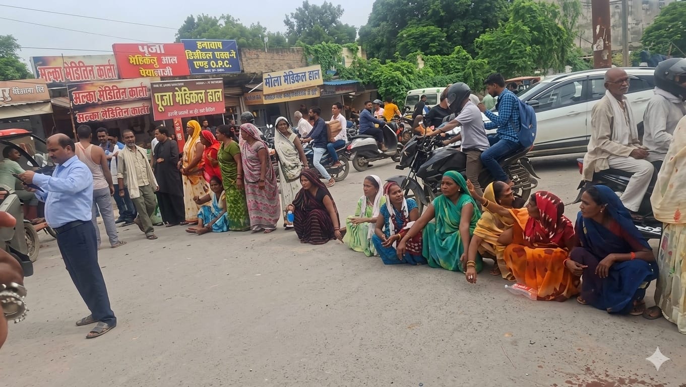 जिला अस्पताल के बाहर सड़क पर बैठकर जाम करती महिलाएं। स्रोत-वीडियो