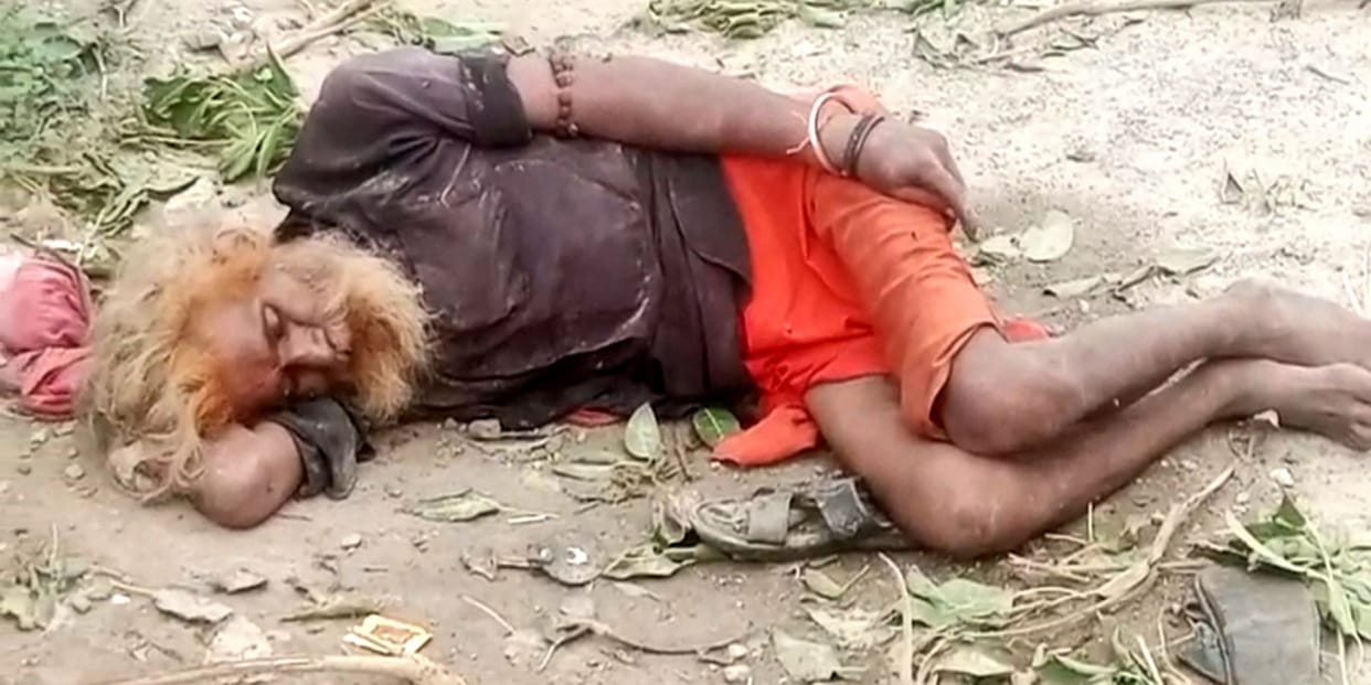 Elderly sadhu beaten with sticks and clubs, injured.