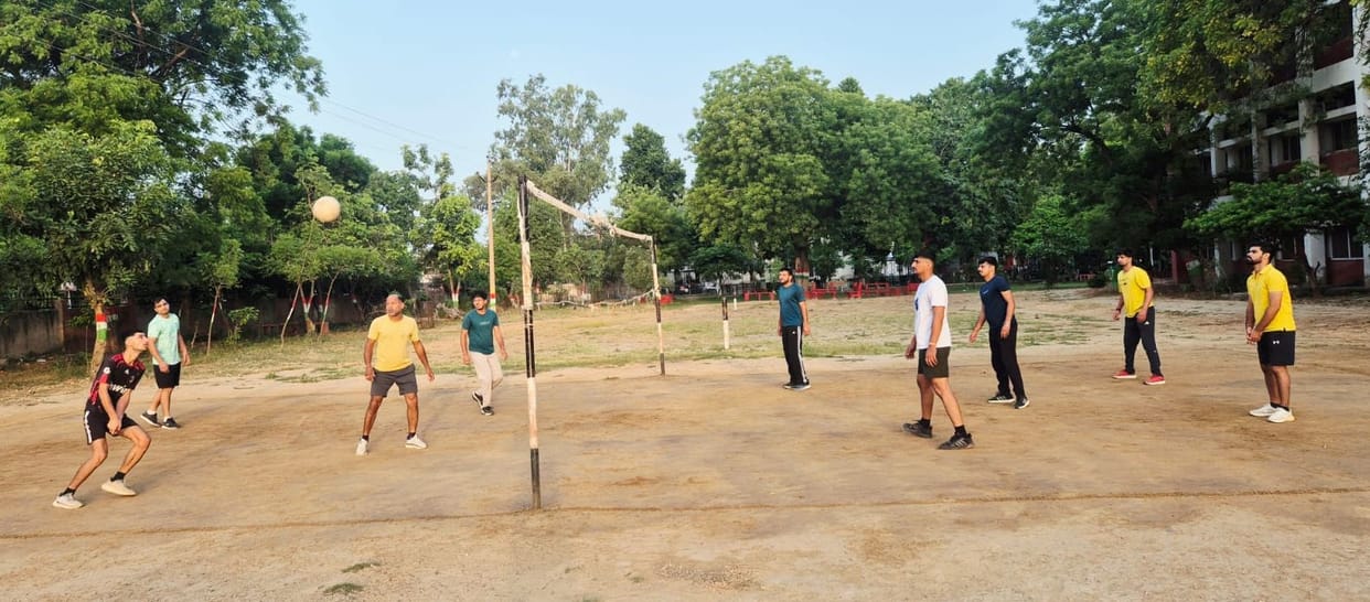In the volleyball competition held at San Bhagat College, players displayed their strength in friendly matches.
