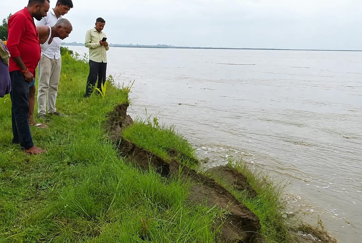 Standing crops and land are being swallowed by the Saryu River; homes are also at risk.