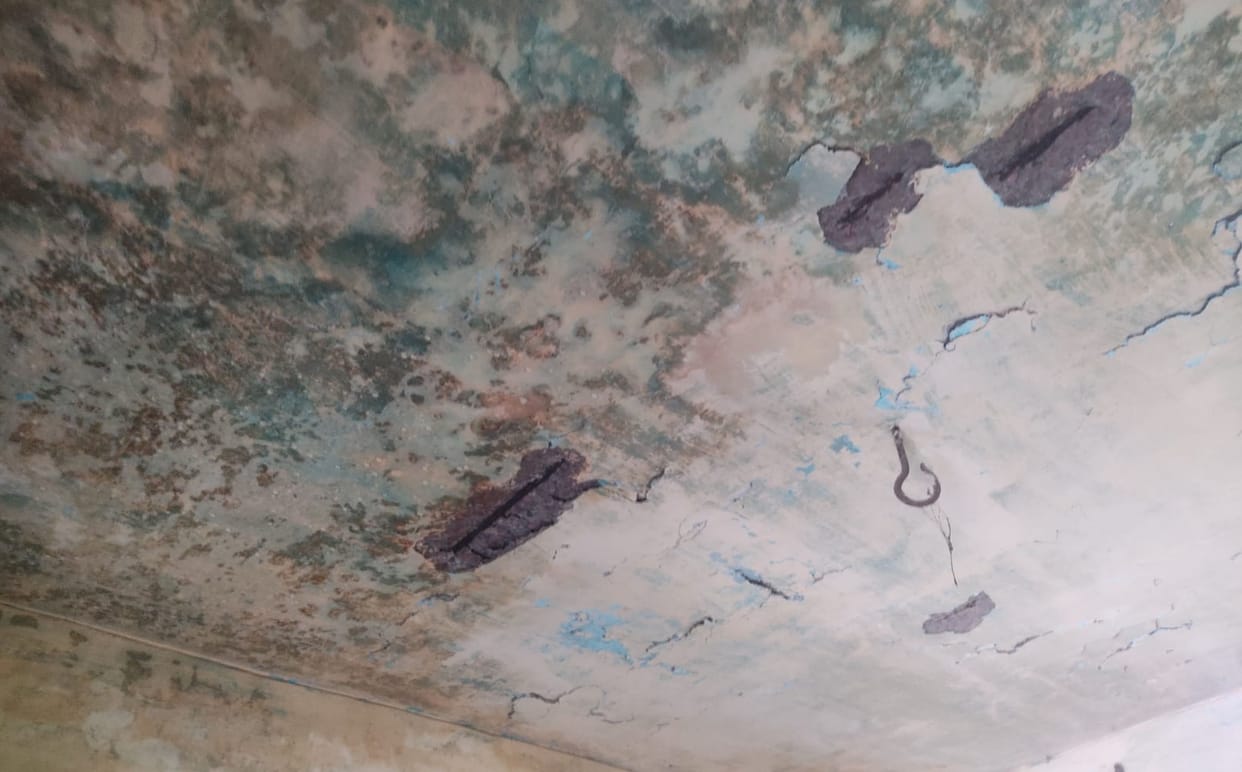 Leaking walls at the veterinary hospital; reinforcing bars have started to protrude.