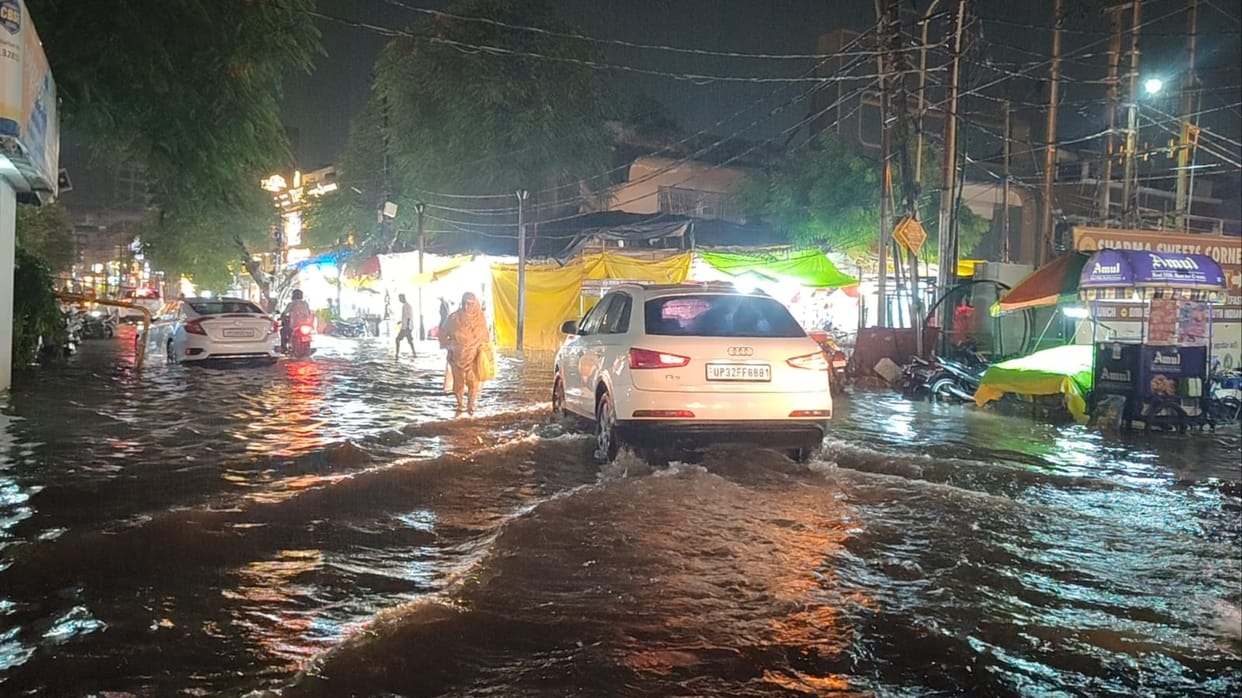 Water accumulated on roads in several areas following half an hour of heavy rain.